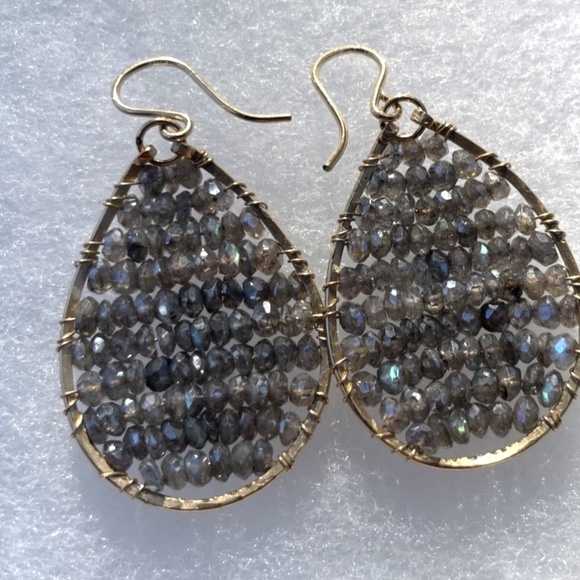 Gold Vermeil Drop Earrings w/ light gray beads - Picture 2 of 2